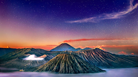 вулкан, звезды, пейзаж, гора Бромо, Индонезия, HD обои HD wallpaper