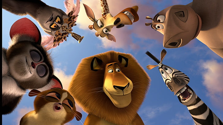 Илюстрация на Мадагаскар, животни, карикатура, лемури, Мадагаскар 3, лъвът Алекс, крал Джулиан, хипопотам Глория, морт, Зебра Марти, Морис, жирафът Мелман, HD тапет