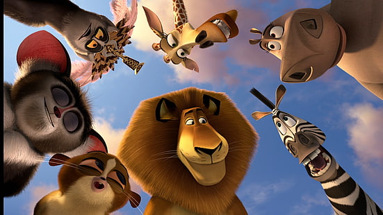 Илюстрация на Мадагаскар, животни, карикатура, лемури, Мадагаскар 3, лъвът Алекс, крал Джулиан, хипопотам Глория, морт, Зебра Марти, Морис, жирафът Мелман, HD тапет HD wallpaper