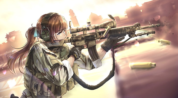 mulher de cabelos castanho com ilustração de personagem de anime rifle, TC1995, militar, mulheres, garotas de anime, arma, rifles, garotas com armas, HD papel de parede