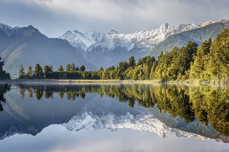 trees, mountains, lake, reflection, New Zealand, water surface, Lake Matheson, Southern Alps, HD wallpaper