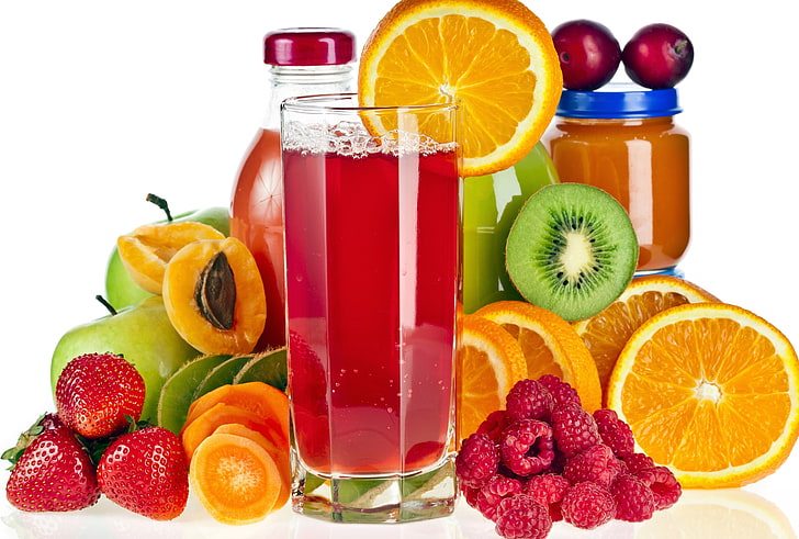 прозрачная стеклянная чашка и фрукты, ягоды, фрукты, сок, микс, HD обои