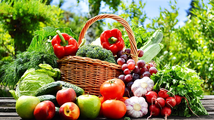 Fotografía de verduras y frutas, manzanas, tomates, pepino, uvas, ajo, verduras, frutas, fotografía, manzanas, tomates, pepino, uvas, ajo, Fondo de pantalla HD