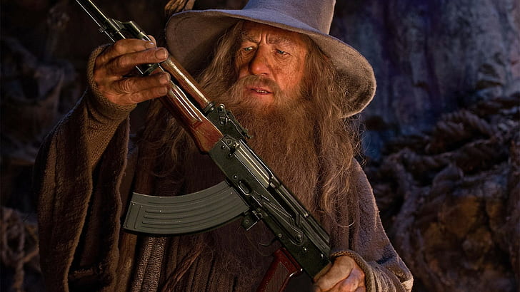 gandalf ak 47 the lord of the rings photo manipulation humor, HD wallpaper