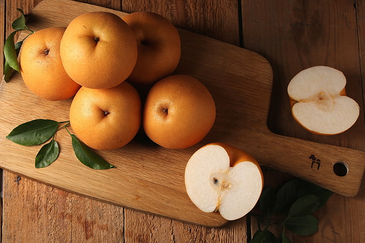 five orange fruits, chinese pear, fruit, cutting board, HD wallpaper