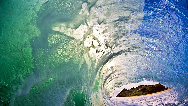 nature landscape water sea waves splashes mountains beach sand bubbles foam rock, HD wallpaper