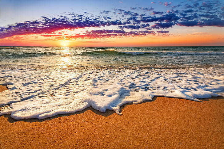 Zachód słońca plaża morze, woda, plaża, piasek, niebo, chmury, krajobraz, ocean, morze, zachód słońca, natura, Tapety HD