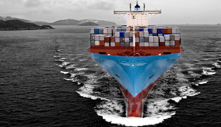 niebiesko-czerwony statek towarowy, morze, statek, kontenerowiec, czołg, czarno-biały, ładunek, Maersk Line, On The Go, Storm, Estelle, Tapety HD