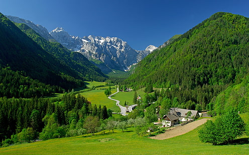 alpine, fields, landscape, mountains, spring, valley, HD wallpaper HD wallpaper