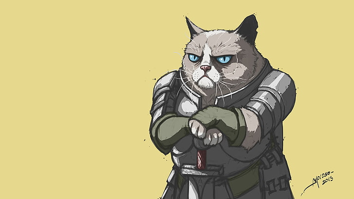 kucing memegang ilustrasi karakter pedang, seni digital, Grumpy Cat, meme, prajurit, humor, kucing, ksatria, karya seni, Wallpaper HD
