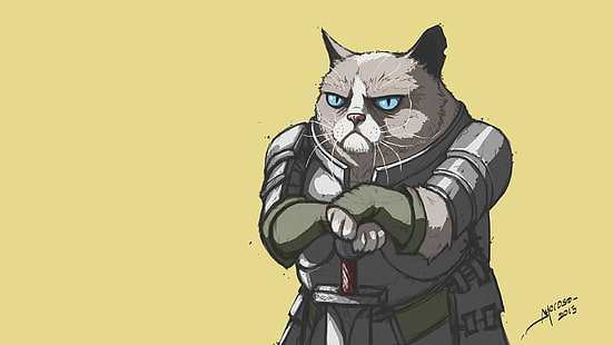 gatto con spada personaggio illustrazione, arte digitale, gatto scontroso, meme, guerriero, umorismo, gatto, cavaliere, opere d'arte, Sfondo HD HD wallpaper