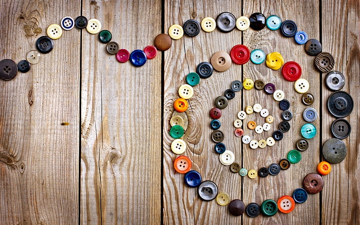 assorted clothes buttons, buttons, scroll, colorful, wooden floor, HD wallpaper