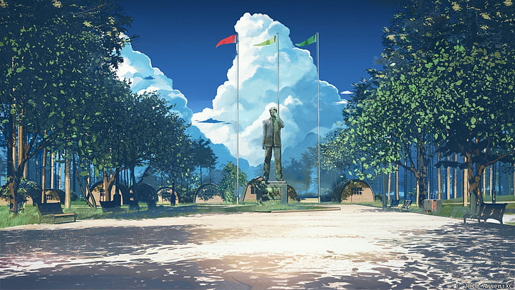 anime, paisaje, ArseniXC, nubes, bandera, banco, verano eterno, azul, estatua, juegos soviéticos (verano eterno), Fondo de pantalla HD