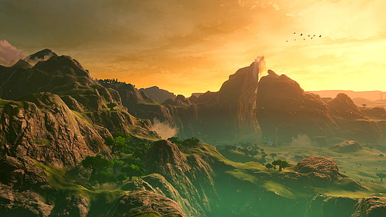 The Legend of Zelda, The Legend of Zelda: Breath of the Wild, góry, zmierzch, drzewa, ptaki, niebo, chmury, krajobraz, zrzut ekranu, Dueling Peaks, cemu, Tapety HD HD wallpaper