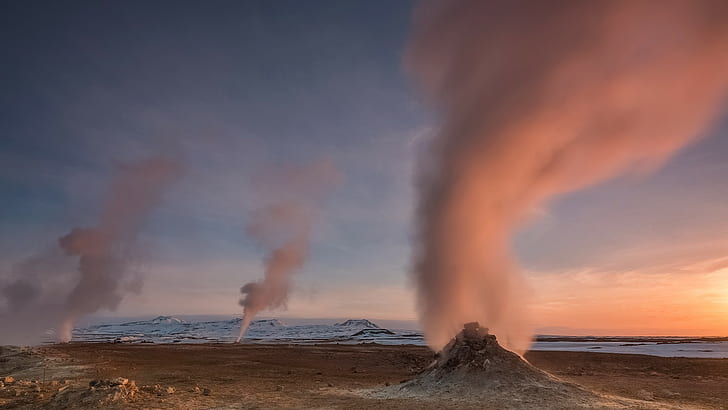 manzara, geysers, İzlanda, gün batımı, turuncu gökyüzü, jeotermal yer, HD masaüstü duvar kağıdı