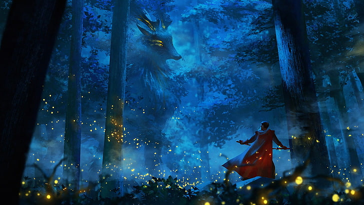 Persona con capa roja de pie cerca de papel tapiz animal, anime, criatura, lucha, caballero, ciervo, bosque, Fondo de pantalla HD