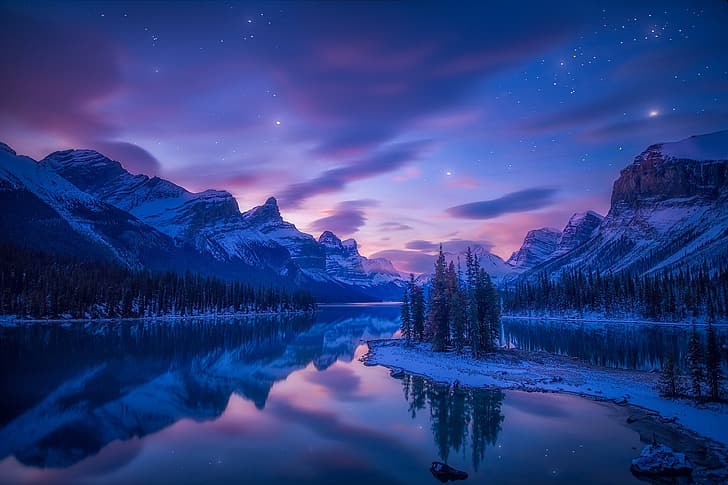 mountains, night, lake, reflection, island, Canada, Albert, Alberta, Jasper National Park, Canadian Rockies, Maligne Lake, Spirit Island, Lake Malin, HD wallpaper