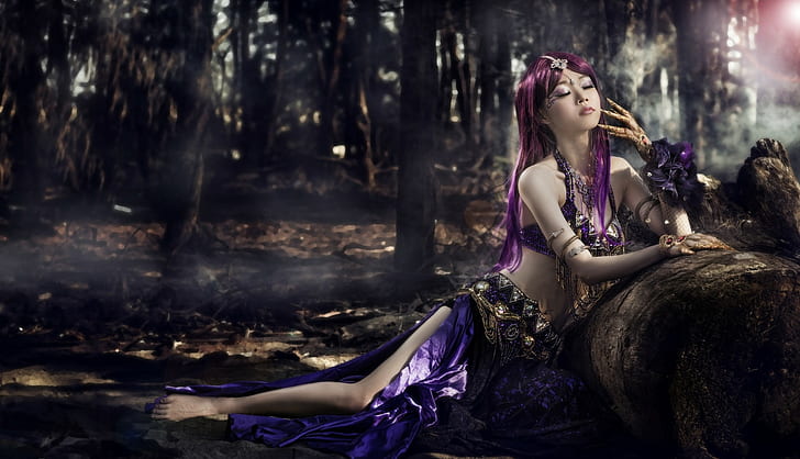 Asian, women, model, fantasy girl, purple hair, HD wallpaper
