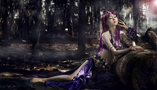 Азиатка, женщины, модель, фэнтези девушка, фиолетовые волосы, HD обои HD wallpaper