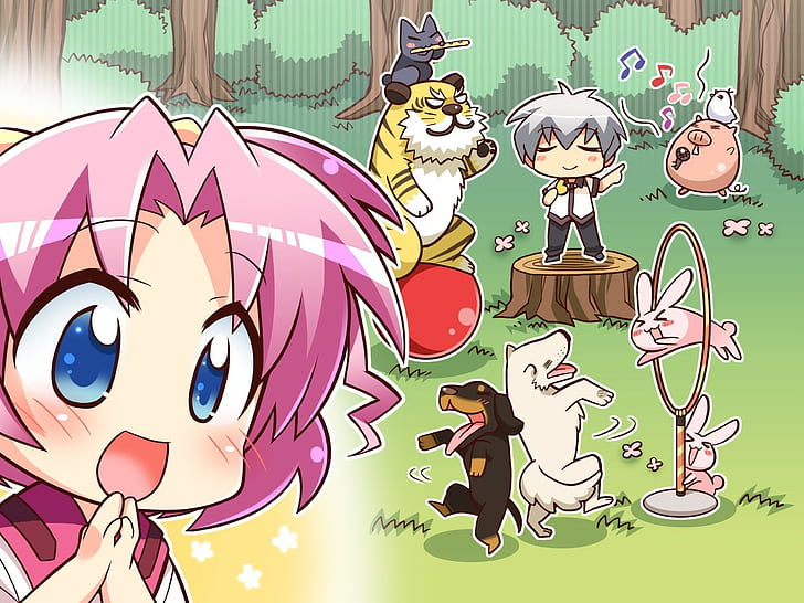 Chibi, Game cg, Kazamai, Sakura, Girl, Pink hair, Blue eyes, Animals, HD wallpaper