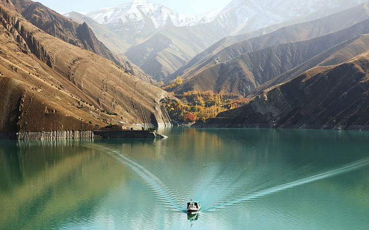 Barragem de Amir Kabir No Irã, vale, lago, montanhas, barco, natureza e paisagens, HD papel de parede