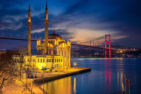 ночь, мост, огни, пролив, мечеть, Стамбул, Турция, минарет, HD обои HD wallpaper