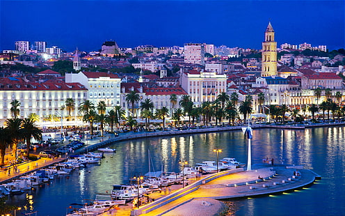Dalmaçya Hırvatistan Split Gece Şehir Adriyatik Denizi Sahili Güzel Manzarası 2560 × 1600, HD masaüstü duvar kağıdı HD wallpaper