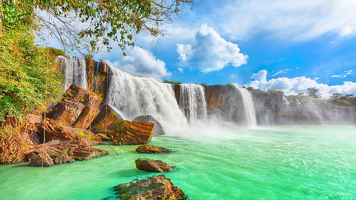 wodospad, rzeka, wodospady Dray Nur, Wietnam, woda, zbiornik wodny, Azja, niebo, krajobraz, strumień, suchy nur, Tapety HD