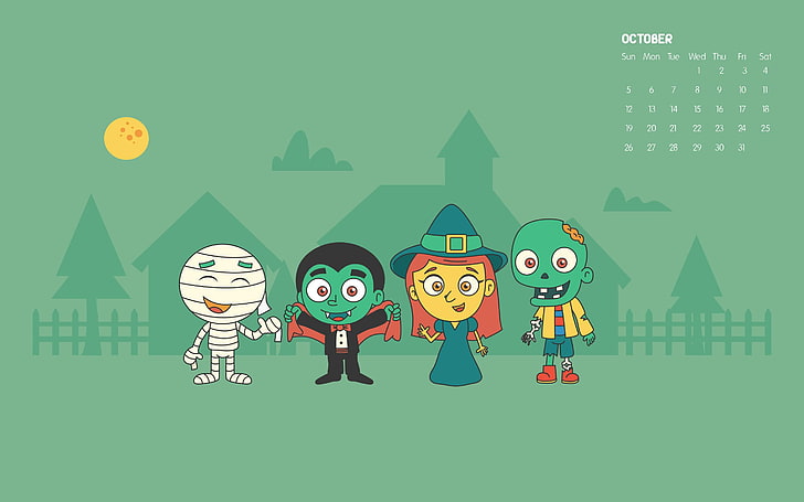 Fondo de pantalla de El mes de los monstruos, momias y vampiros, Calendario, octubre, verde, monstruo, fondo, 2014, Fondo de pantalla HD