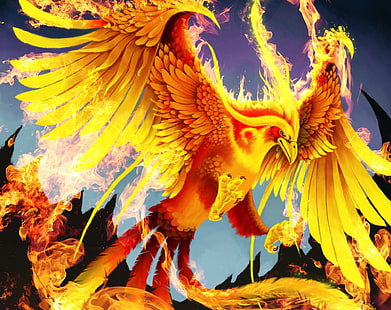 феникс цифровые обои, огонь, птица, крылья, арт, хвост, феникс, HD обои HD wallpaper