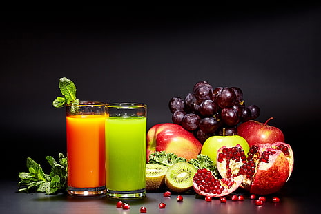 verdure, arancia, mele, kiwi, succo di frutta, uva, verde, bicchieri, frutta, sfondo nero, granato, Sfondo HD HD wallpaper