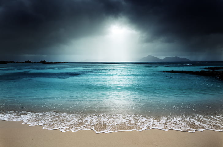 Île, La Digue, ciel sombre, 5K, tempête, plage, Fond d'écran HD