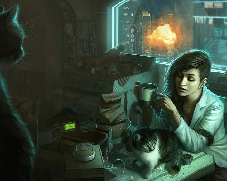 Cyberpunk, Futuristic, Woman, Cats, cyberpunk, futuristic, woman, cats, HD wallpaper