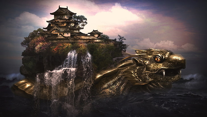 weißes und schwarzes Haus mit digitaler Tapete des Drachenboots, digitale Kunst, Fantasiekunst, Schildkröte, Löwe-Schildkröte, Wasserfall, HD-Hintergrundbild