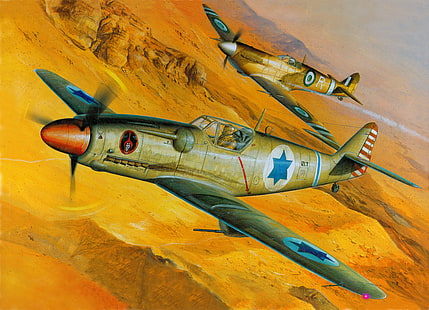 the sky, war, figure, fighter, art, aircraft, front, piston, single-engine, Palestine, Israeli air force, the plan, Avia S-199, HD wallpaper HD wallpaper