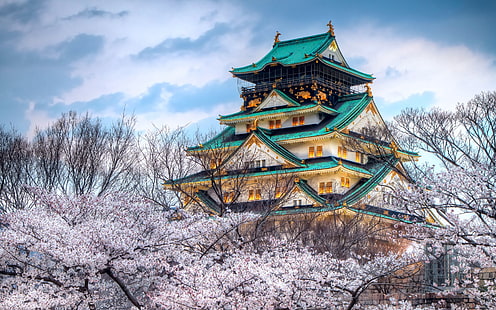 The temple of the cherry blossom season in Japan, Temple, Cherry, Blossom, Season, Japan, HD wallpaper HD wallpaper