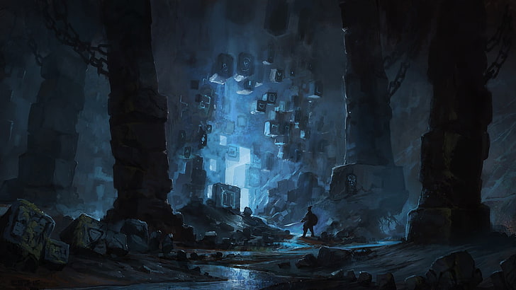 uomo che cammina verso l'illustrazione della caverna, fantascienza, fantasy art, blu, grotta, Sfondo HD