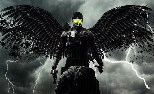 Splinter Cell, uomo che indossa un abito nero con le ali che tengono la pistola sfondo digitale, Giochi, Splinter Cell, Angel, Storm, Shooter, Sfondo HD HD wallpaper