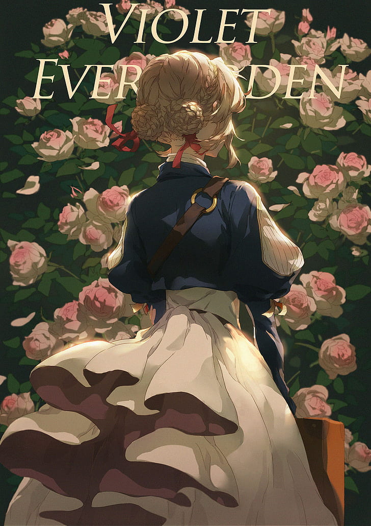 Виолет Evergarden, аниме момичета, фен арт, вертикални, розови рози, руса коса, червена панделка, дълга коса, HD тапет, тапет за телефон