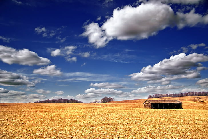 brown wooden stable on brown ground under blue daytime sky with scattered patches of altocumulus clouds, Rustic, stable, brown, ground, blue, daytime, sky, scattered, patches, altocumulus, clouds, Pennsylvania, Columbia County, Mount Pleasant Township, landscape, field  farm, barn, cumulus, rural, spring, bright light, creative commons, rural Scene, agriculture, nature, bale, field, hay, farm, outdoors, summer, wheat, straw, cloud - Sky, scenics, harvesting, landscaped, crop, non-Urban Scene, no People, HD wallpaper