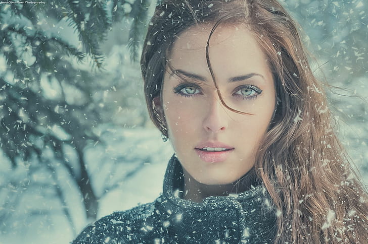 Models, Model, Brunette, Girl, Green Eyes, Snow, Snowfall, Woman, HD wallpaper