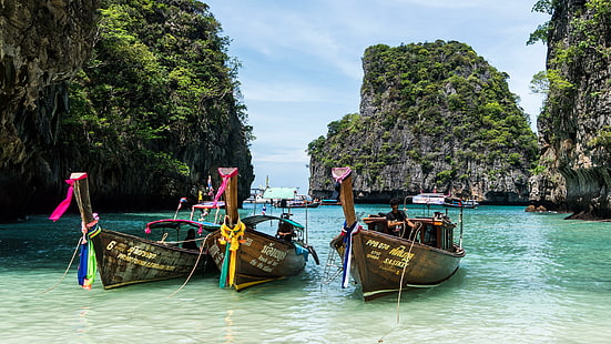 koh phi phi, azja, wybrzeże, wyspa, ocean, wyspy phi phi, pływanie łódką, wakacje, laguna, zatoka, kraje tropikalne, łódź z długim ogonem, morze, łódź, turystyka, transport wodny, zbiornik wodny, natura, Phuket, Tajlandia, phi phi, Tapety HD HD wallpaper