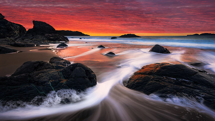wave, red sunset, dusk, red sky, pink sky, 5k, rock, ocean, sky, 5k uhd, water, nature, coast, sea, shore, beach, sunset, HD wallpaper