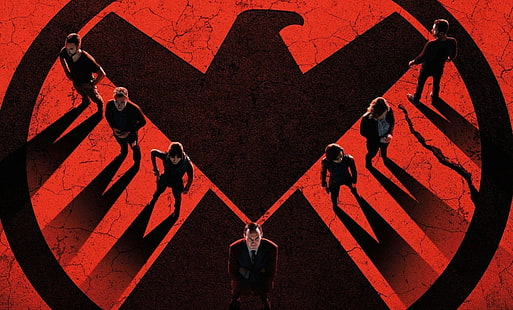 black and red bird logo, red, girl, logo, actor, woman, man, Marvel, eagle, series, falcon, shadows, suit, actress, tie, S. H. I. E. L. D., season 2, Agents of Shield, tv serie, crack, aerial view, season two, Marvel Agents of S.h.i.e.l.d., agents, Agents of S.h.i.e.l.d., Marvel's Agents of S.h.i.e.l.d., bastions of justice, special agents, spies, Marvel Agents of Shield, american sitcom, Marvel's Agents of Shield, HD wallpaper HD wallpaper