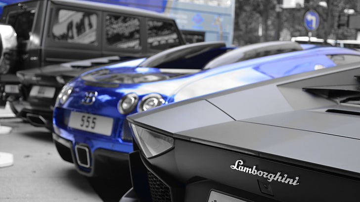 verschiedene Fahrzeuge, Auto, Lamborghini Aventador, Buggati, blaue Autos, selektive Färbung, HD-Hintergrundbild