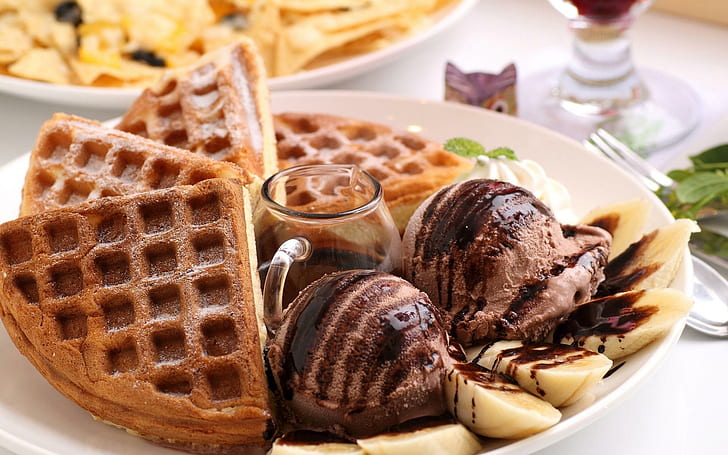 Waffle with chocolate ice cream, waffles with chocolate ice cream, photography, 1920x1200, ice cream, banana, waffle, HD wallpaper