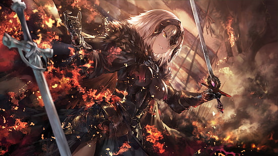 бежевые обои с женскими аниме-персонажами, Fate / Grand Order, Жанна д'Арк, оружие, меч, броня, огонь, Fate Series, HD обои HD wallpaper
