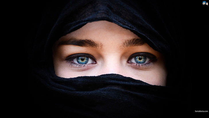 eyes, blue eyes, women, black, blue, Muslim, model, face, HD wallpaper