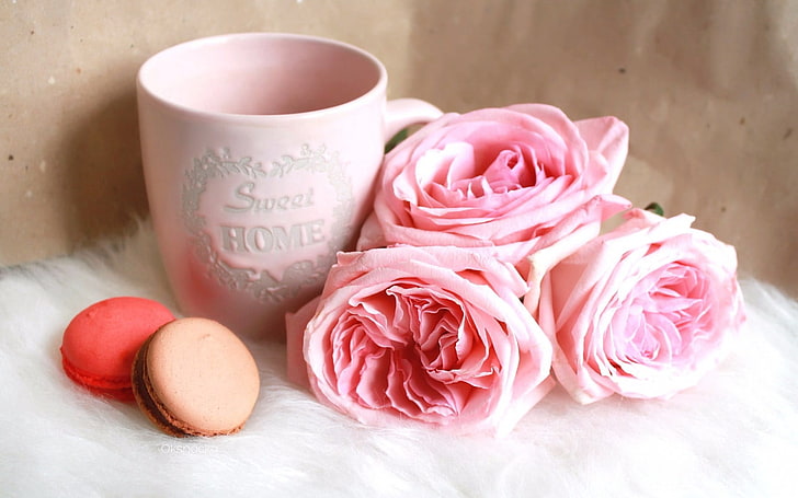 three pink rose flowers and mug near two French macaroons, macaron, cookies, cup, roses, HD wallpaper
