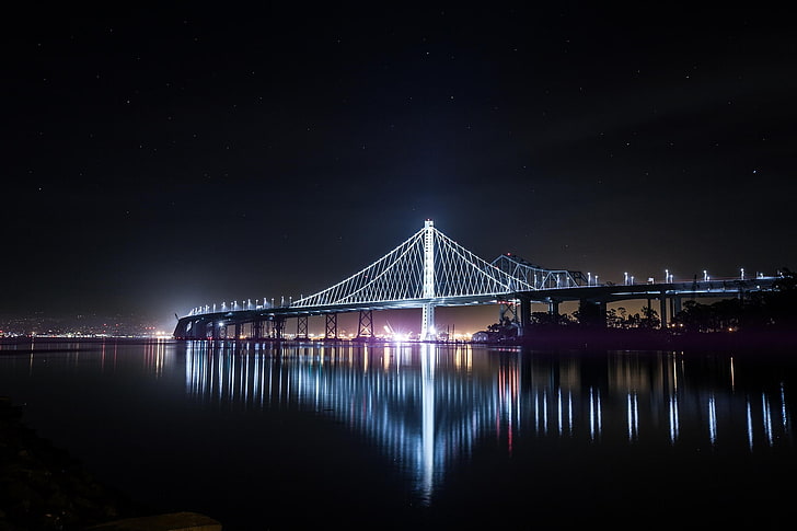 архитектурна фотография на мост, нощ, пейзаж, светлини, Сан Франциско, Калифорния, вода, град, градски пейзаж, HD тапет